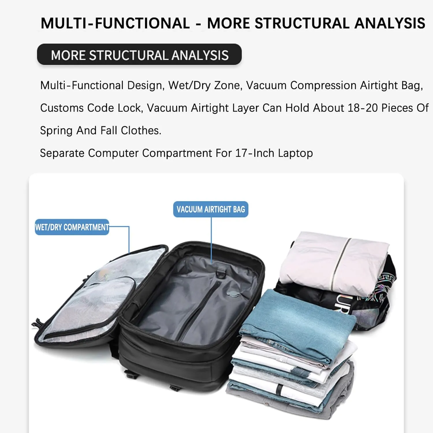 VacPack Backpack with Vacuum, 60L Airback Backpack, Waterproof with TSA Lock, Compression Feature, Fits 17” Laptop, Ideal for Airplane Travel (Dark Gray with pump)