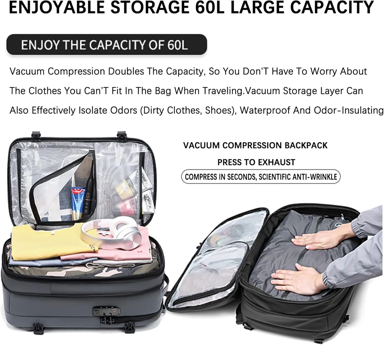 VacPack Backpack with Vacuum, 60L Airback Backpack, Waterproof with TSA Lock, Compression Feature, Fits 17” Laptop, Ideal for Airplane Travel (Dark Gray with pump)