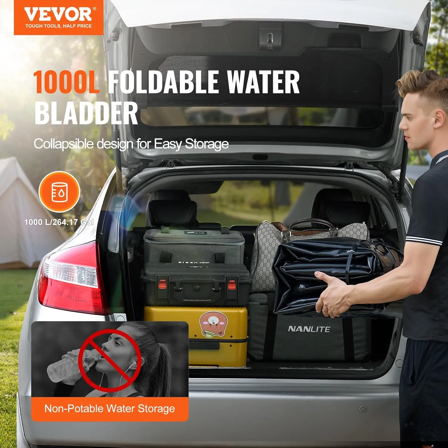 VEVOR 1000L/264 Gallon Collapsible Water Storage Bladder, 1000D PVC Material, Large Capacity Soft Water Bag, Portable, Fire Prevention, Camping, Emergency