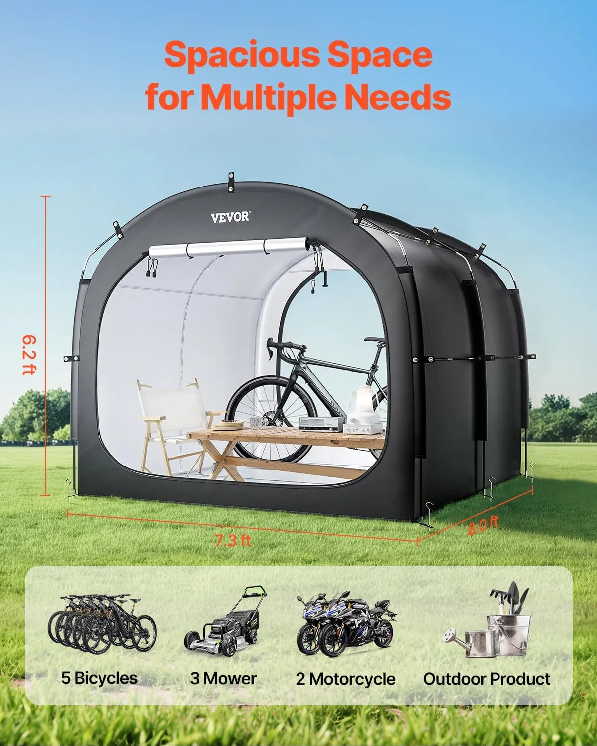 VEVOR Bike Storage Tent, 5 Bikes, Outdoor Spacious Bike Storage Tent with Ventilated Window, Waterproof Easy-to-Install Bike Tent with High Strength Fiberglass & Dual Zippers, Fit for Bicycle