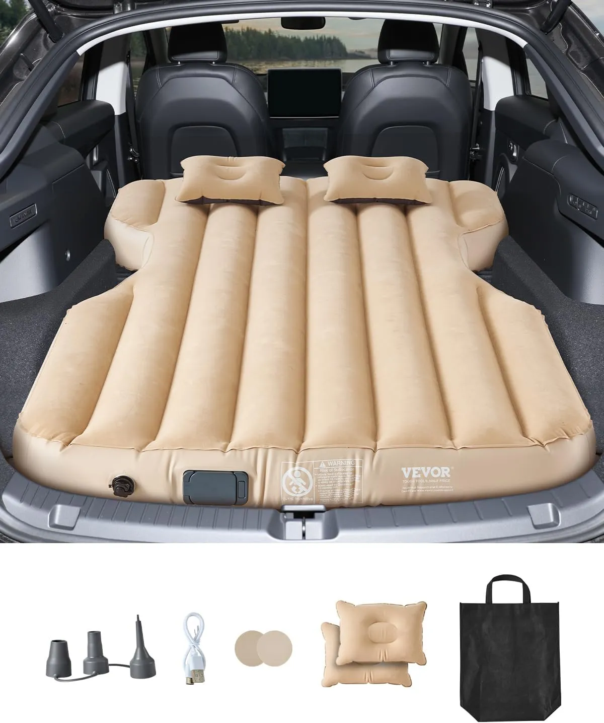 VEVOR Car Air Mattress, Fits Tesla Model Y (2020-2024), Inflatable Car Camping Mattress, Flocking Thickened Blow Up Travel Beds, Durable Portable Sleeping Pad with Built in Pump, 2 Pillows, Beige