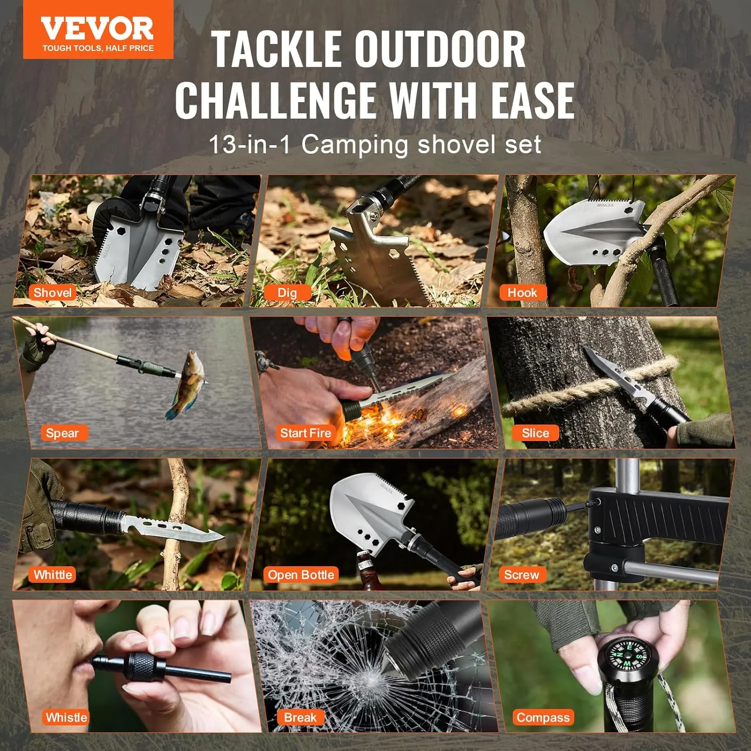 VEVOR Survival Shovel, 13 in 1 Camping Shovel Folding Multitool Kit, Portable and Compact, Stainless Steel, Multifunction for Off-Roading, Camping, Hiking, Outdoor, Survivalist and Emergency