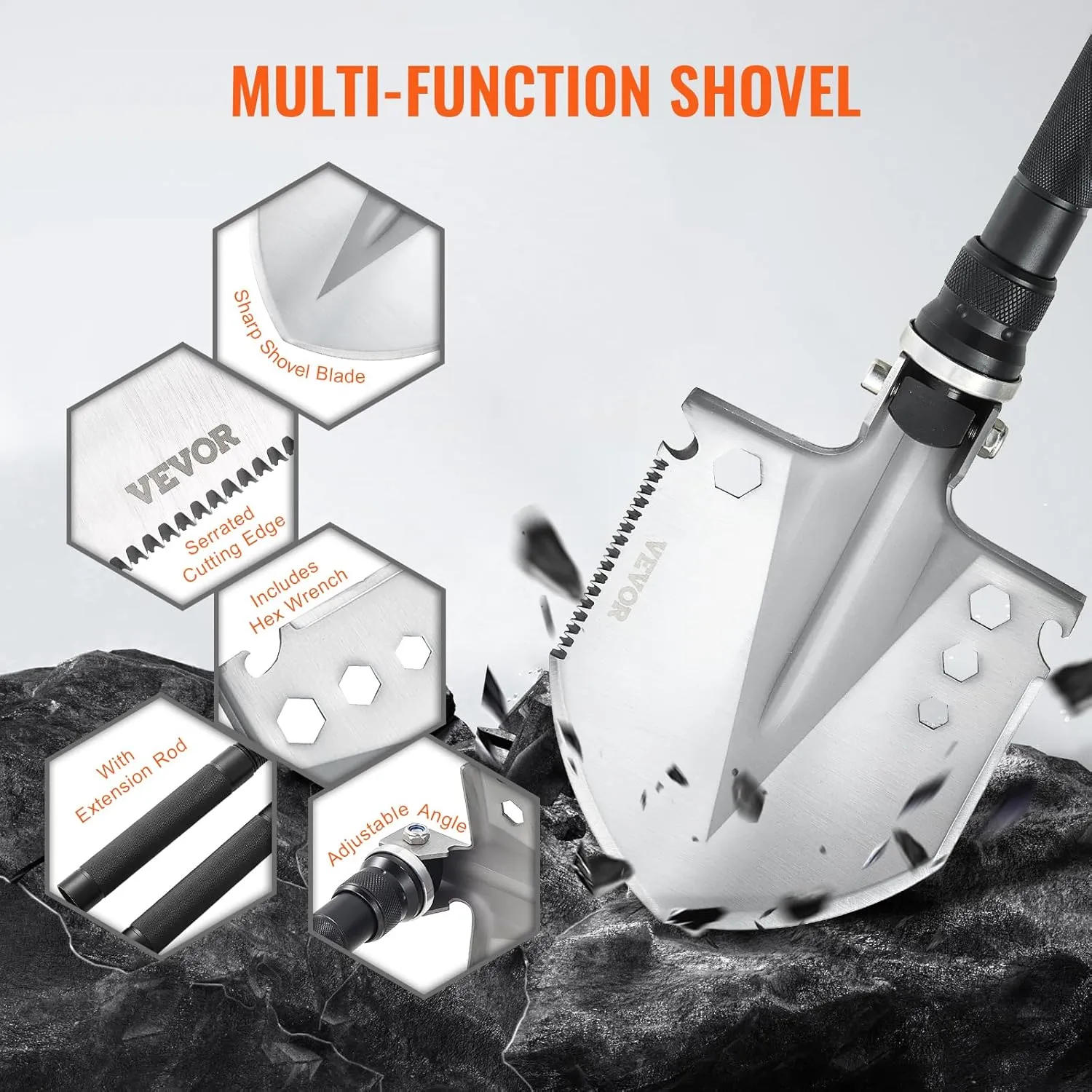 VEVOR Survival Shovel, 13 in 1 Camping Shovel Folding Multitool Kit, Portable and Compact, Stainless Steel, Multifunction for Off-Roading, Camping, Hiking, Outdoor, Survivalist and Emergency