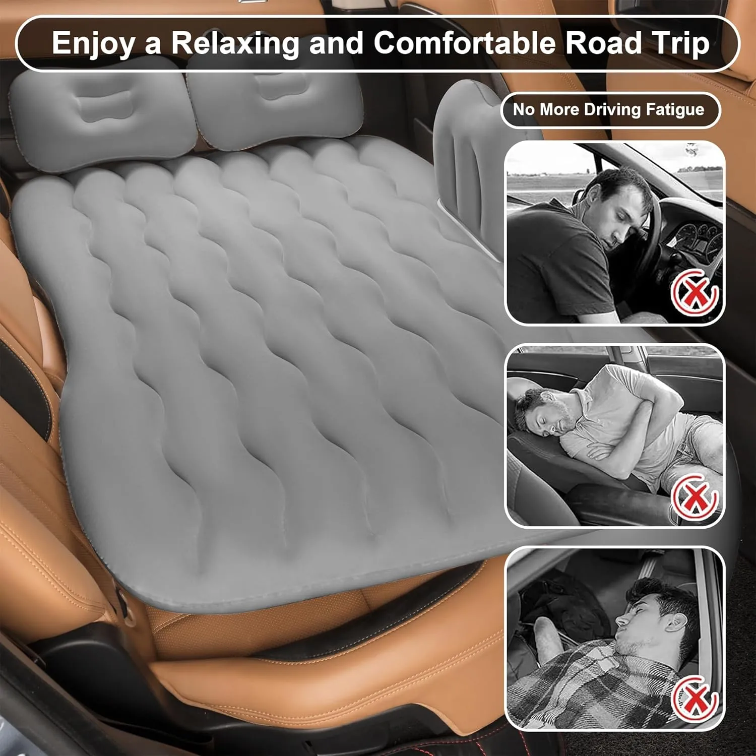 Vextone Inflatable Air Mattress Rear Back Seat Car Bed - PVC Thickened Travel Camping Air Mattress for Small Cars, Gray Sleeping Car Mattress - Universal Fit, with Pillows, Piers, Repair Pad