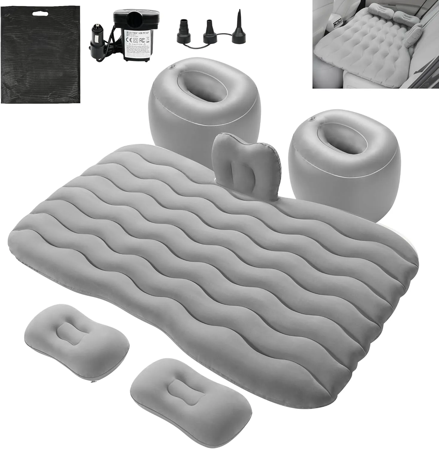 Vextone Inflatable Air Mattress Rear Back Seat Car Bed - PVC Thickened Travel Camping Air Mattress for Small Cars, Gray Sleeping Car Mattress - Universal Fit, with Pillows, Piers, Repair Pad
