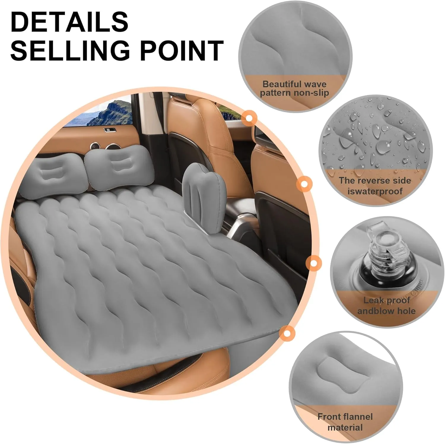 Vextone Inflatable Air Mattress Rear Back Seat Car Bed - PVC Thickened Travel Camping Air Mattress for Small Cars, Gray Sleeping Car Mattress - Universal Fit, with Pillows, Piers, Repair Pad