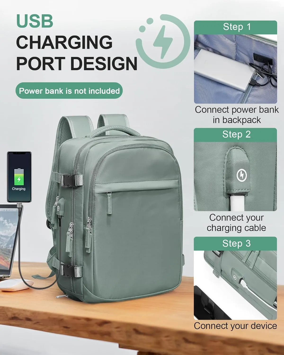 VGCUB Travel Backpack for Women Men Large Work Gym Frontier Airlines Personal Item Bag Business Airport lightweight Daypack Carry on Flight Approved Airplane Backpack Mochilas de Viaje Dark Green