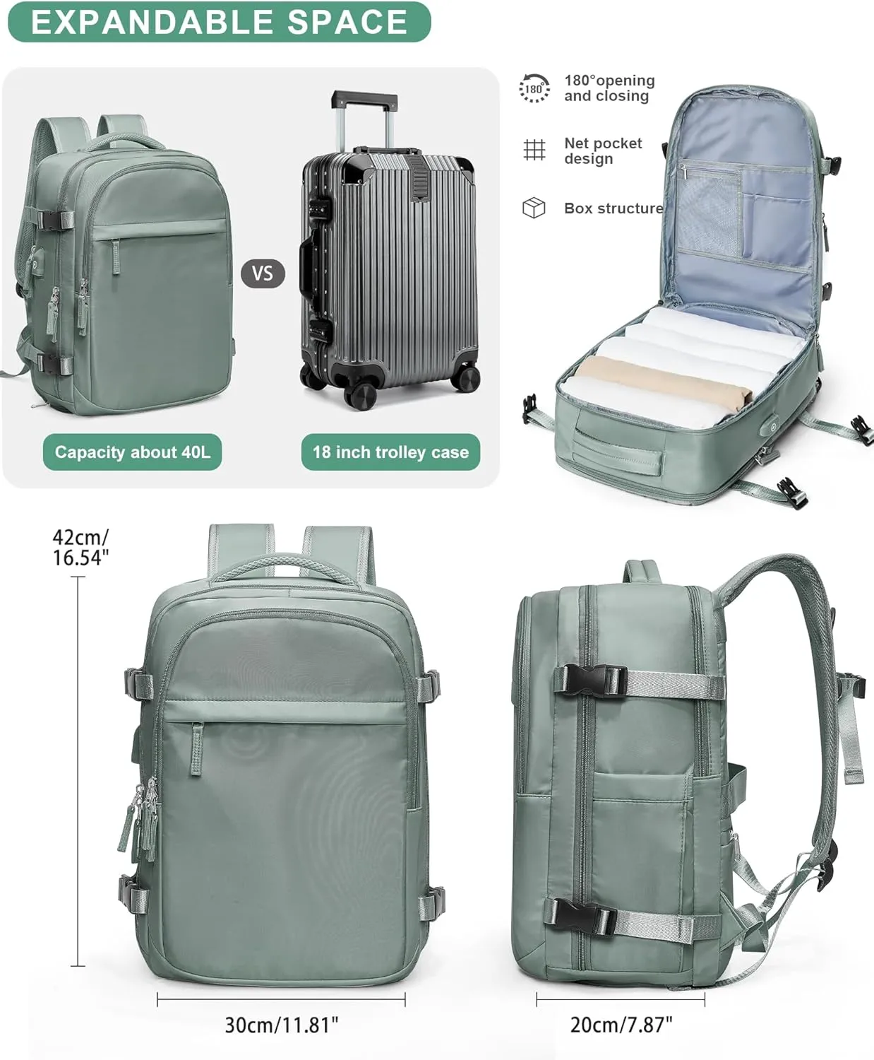 VGCUB Travel Backpack for Women Men Large Work Gym Frontier Airlines Personal Item Bag Business Airport lightweight Daypack Carry on Flight Approved Airplane Backpack Mochilas de Viaje Dark Green