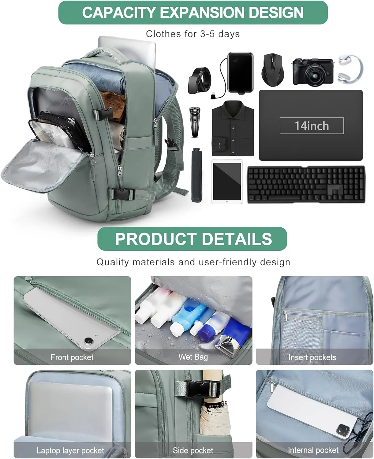 VGCUB Travel Backpack for Women Men Large Work Gym Frontier Airlines Personal Item Bag Business Airport lightweight Daypack Carry on Flight Approved Airplane Backpack Mochilas de Viaje Dark Green