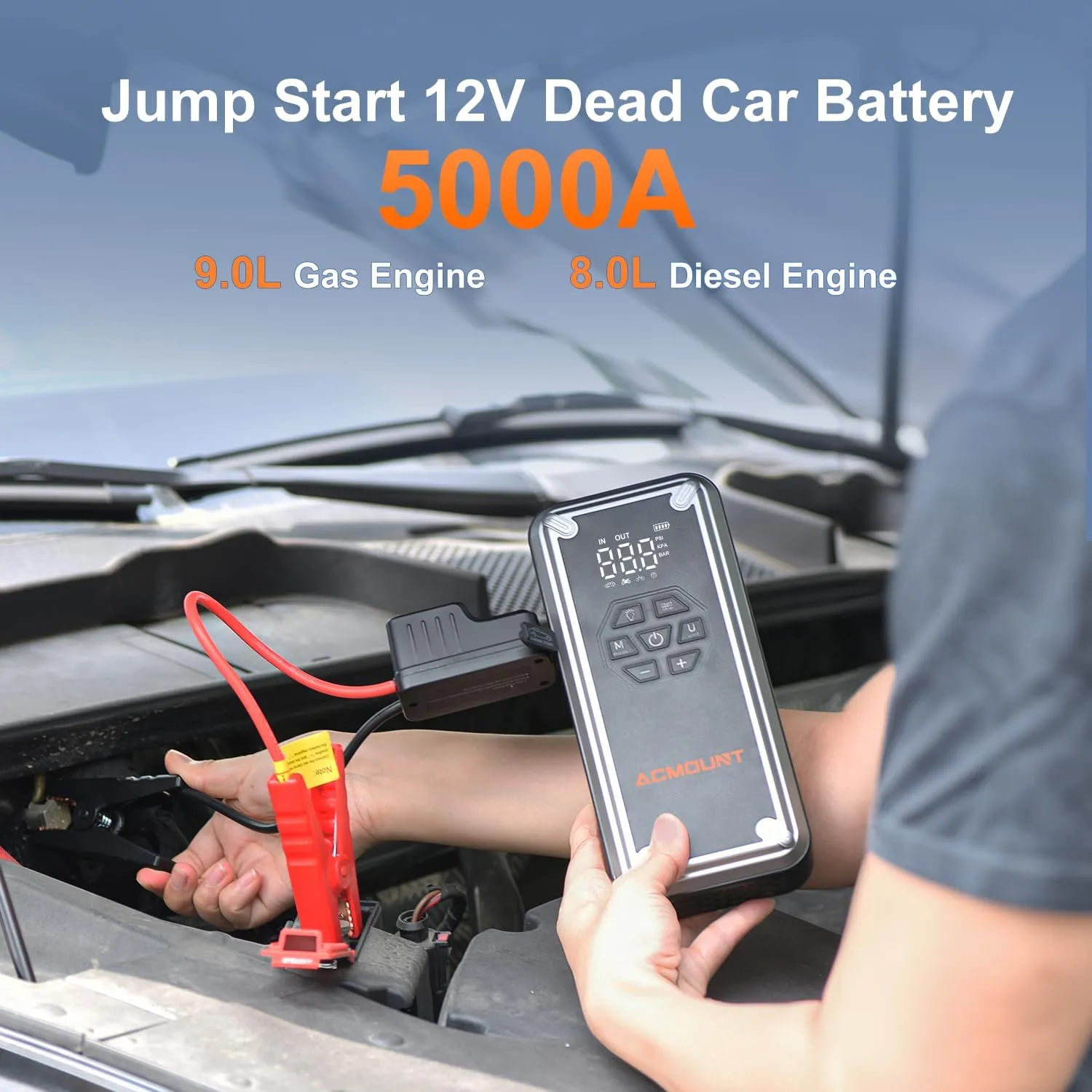 W160 Jump Starter with Air Compressor, 5000A Car Jump Starter 150PSI Tire Inflator, 12V Car Battery Jumper Pack for Up to 9.0 Gas/8.0L Diesel, Portable Air Pump with LCD Display & LED Light