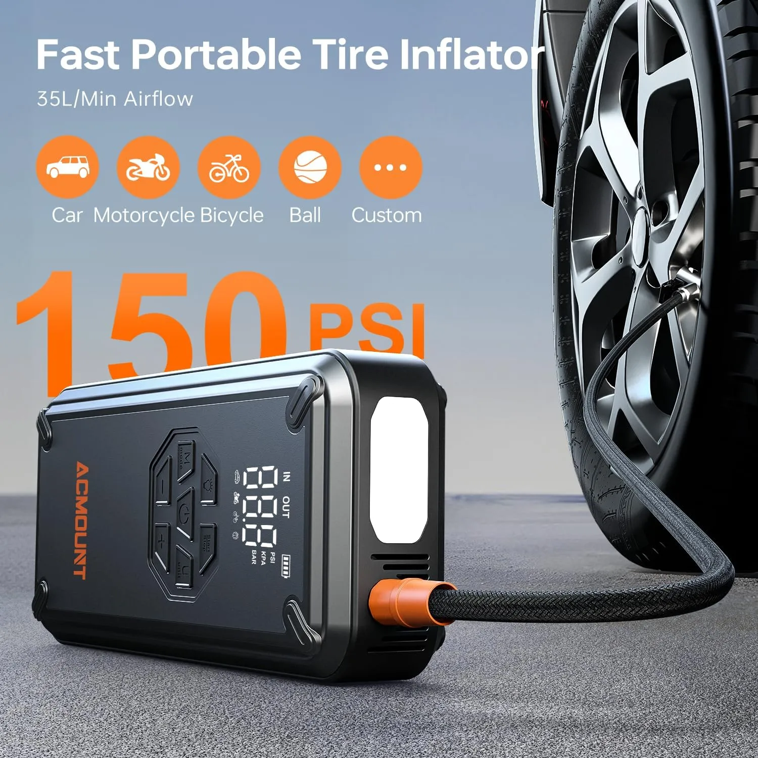 W160 Jump Starter with Air Compressor, 5000A Car Jump Starter 150PSI Tire Inflator, 12V Car Battery Jumper Pack for Up to 9.0 Gas/8.0L Diesel, Portable Air Pump with LCD Display & LED Light
