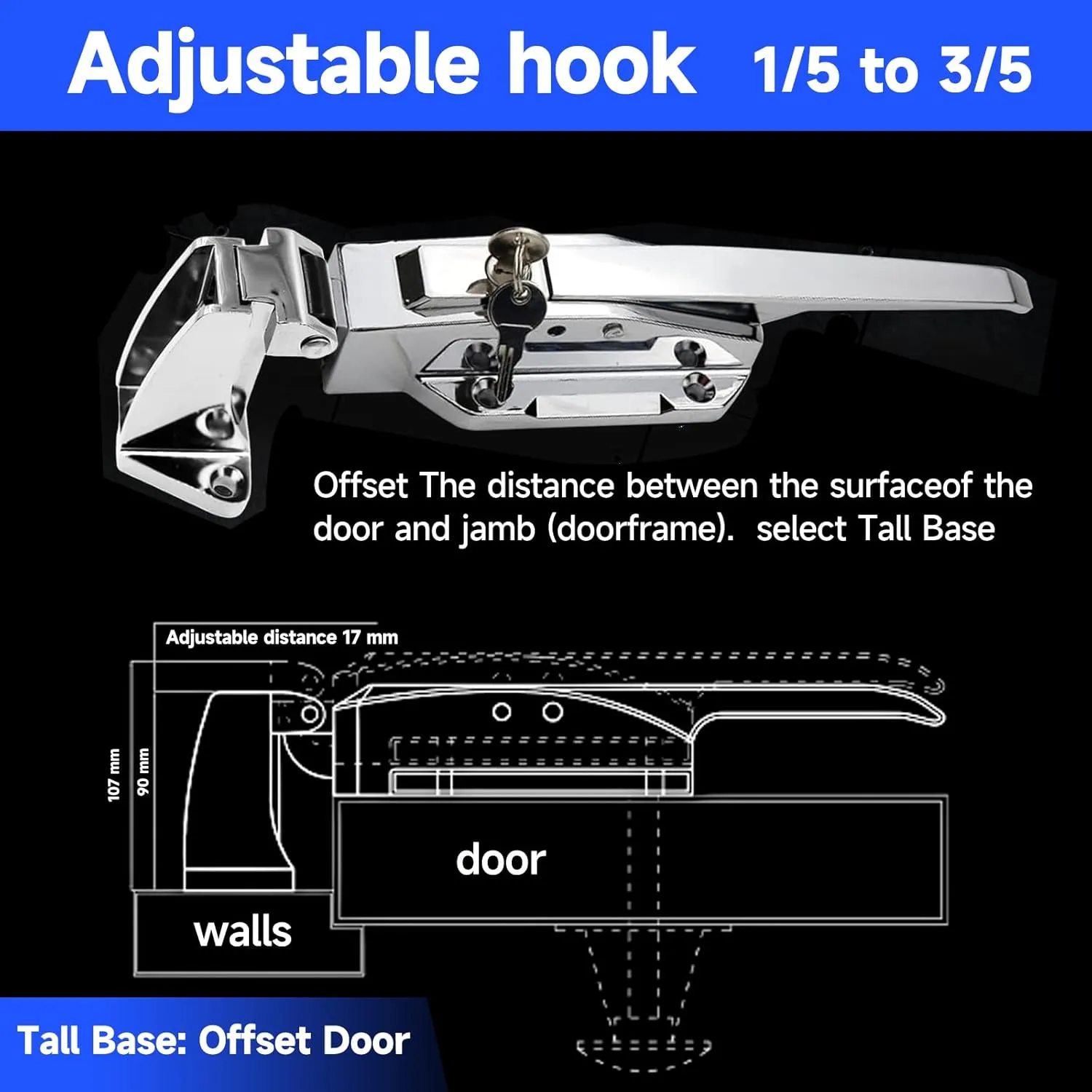 Walk in Cooler Door Closer,Freezer latches Commercial Handle,Push to Open Door Latch Solid Metal Interior Release Handle Offset -1/5 In-3/5 in Offset (Base Height 3.5inch)