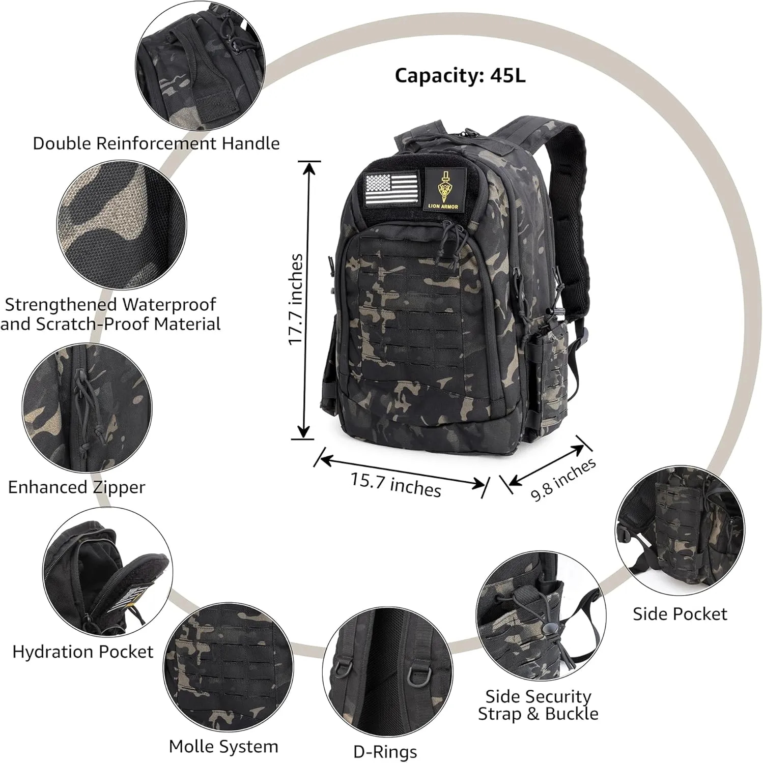 Waterproof Tactical Laptop Backpack, 45L, Sport Model (Black Camouflage)