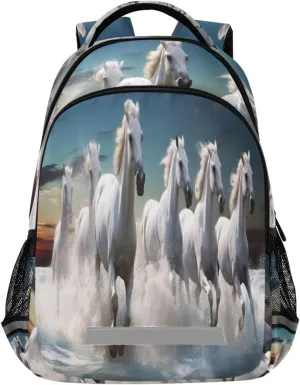 White Horses Design Waterproof Backpack - Casual Outdoor Sports Daypack with Ergonomic Shoulder Straps#733