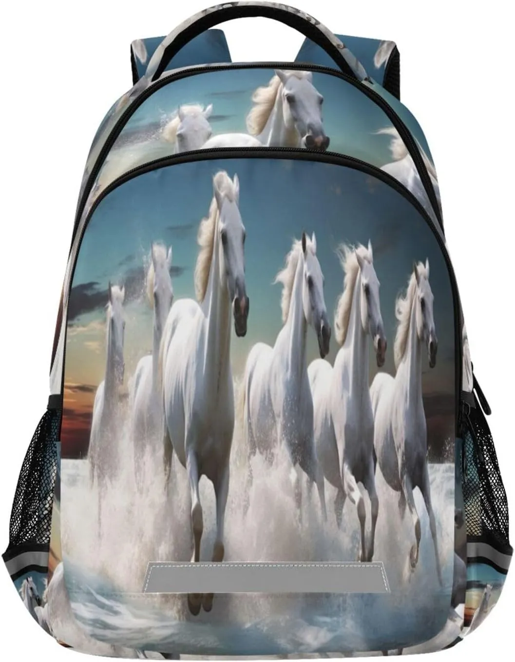 White Horses Design Waterproof Backpack - Casual Outdoor Sports Daypack with Ergonomic Shoulder Straps#733