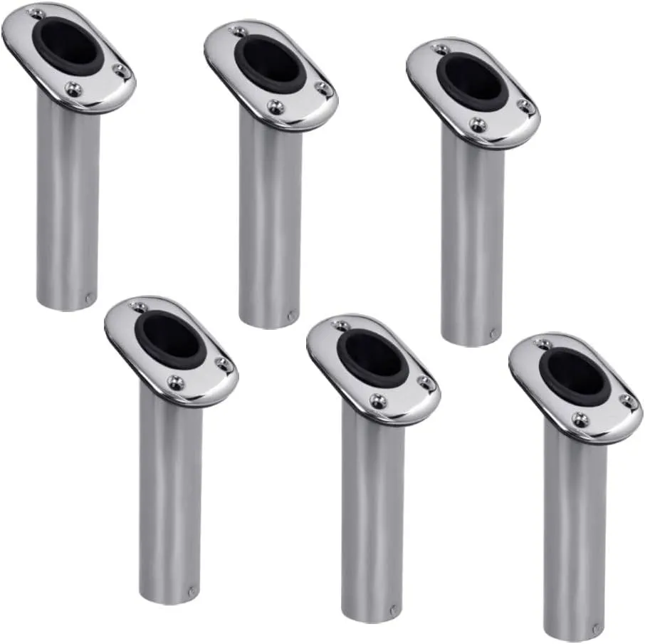 White Water 57738S-6PK Marine Stainless Steel 30° Flush Mount Fishing Rod Holders – Heavy Duty with Black PVC Liner, UV-Resistant, Oblong Base, for Boats & Decks (6 Pack)