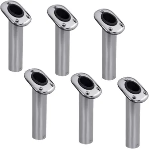 White Water 57738S-6PK Marine Stainless Steel 30° Flush Mount Fishing Rod Holders – Heavy Duty with Black PVC Liner, UV-Resistant, Oblong Base, for Boats & Decks (6 Pack)