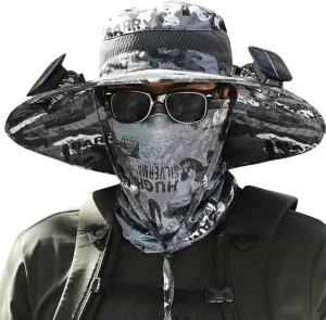 Wide Brim Fan Hat Solar Powered, UPF 50  Solar Power Fan Bucket Hat for Outdoor Hiking Camping Beach Fishing
