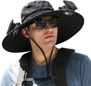 Wide Brim Hat with Fans Solar Power, UPF 50  Solar Panel Fan Hat for Outdoor Camping Beach Fishing Hiking