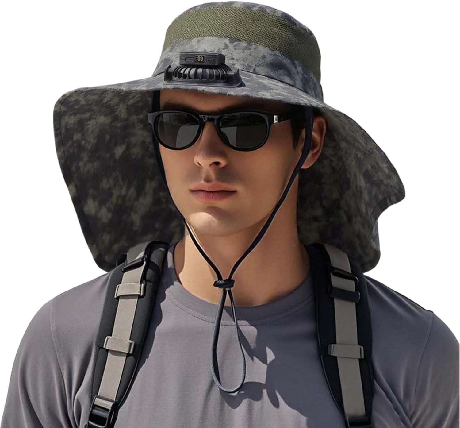 Wide Brim Solar Fan Hats for Men, UPF 50  Solar Panel Fan Hat for Camping Fishing Beach Outdoor Hiking