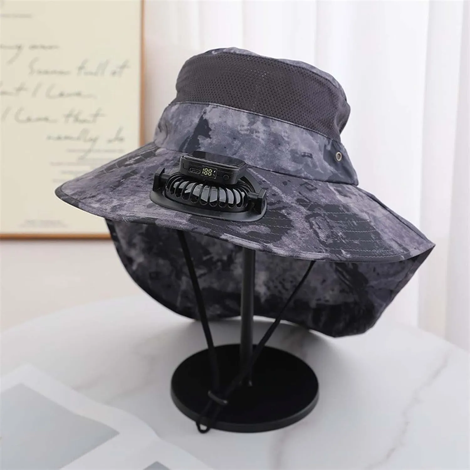 Wide Brim Solar Fan Hats for Men, UPF 50  Solar Panel Fan Hat for Camping Fishing Beach Outdoor Hiking