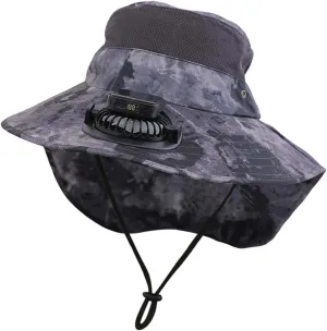 Wide Brim Solar Fan Hats for Men, UPF 50  Solar Panel Fan Hat for Camping Fishing Beach Outdoor Hiking