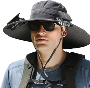 Wide Brim Solar Powered Hat Fan, UPF 50  Solar Panel Fan Hat for Camping Fishing Outdoor Beach Hiking
