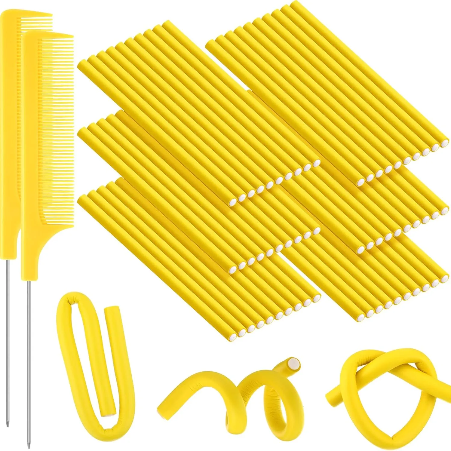 WILLBOND 60 Pieces Flexible Curling Rods Hair Curlers Rollers Twist Flexi No Heat Rods Rollers for Long Short Hair Women(0.4 x 9.5 Inch,Yellow)