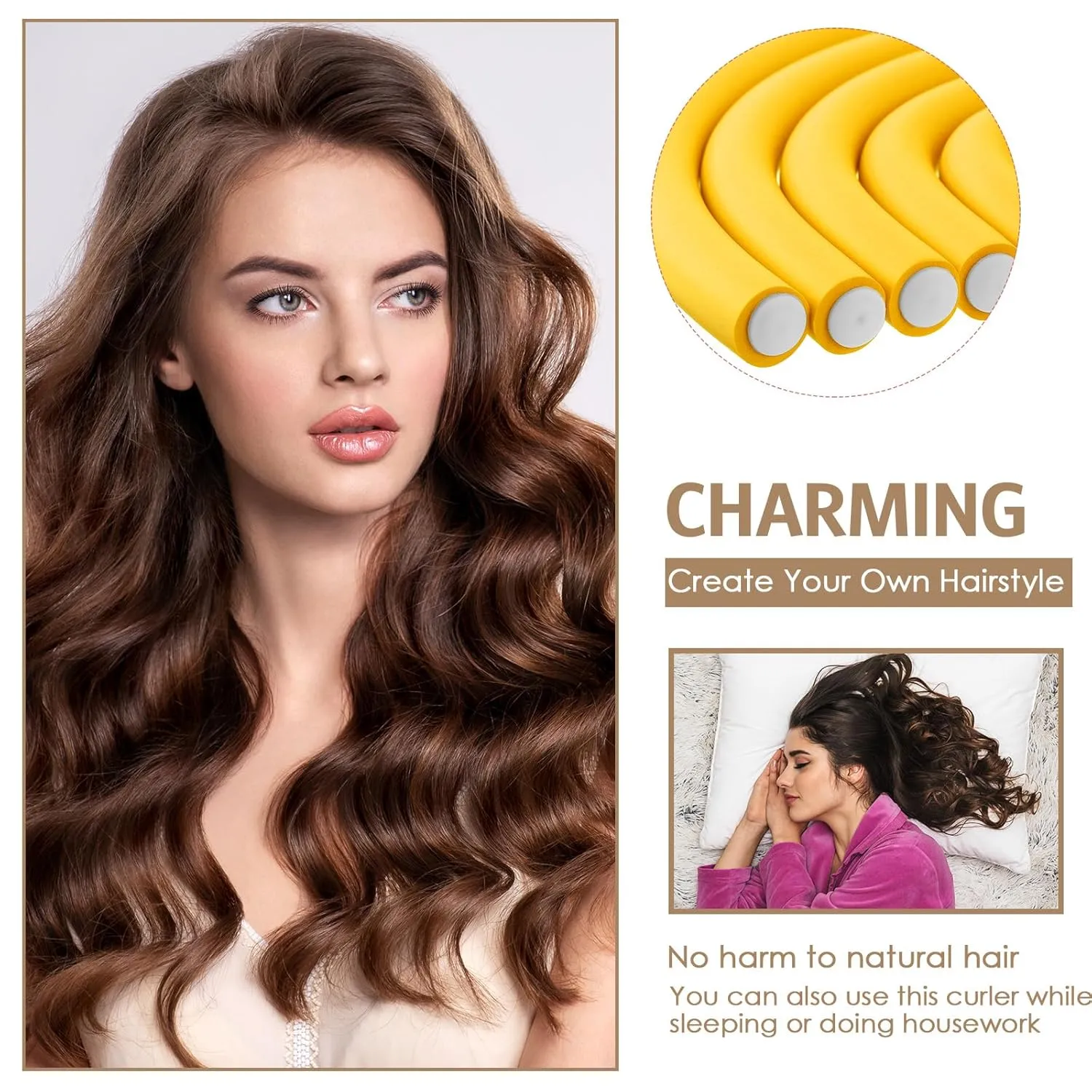 WILLBOND 60 Pieces Flexible Curling Rods Hair Curlers Rollers Twist Flexi No Heat Rods Rollers for Long Short Hair Women(0.4 x 9.5 Inch,Yellow)
