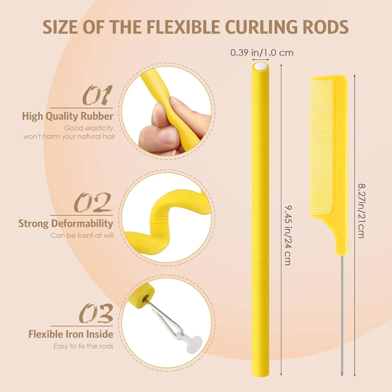 WILLBOND 60 Pieces Flexible Curling Rods Hair Curlers Rollers Twist Flexi No Heat Rods Rollers for Long Short Hair Women(0.4 x 9.5 Inch,Yellow)