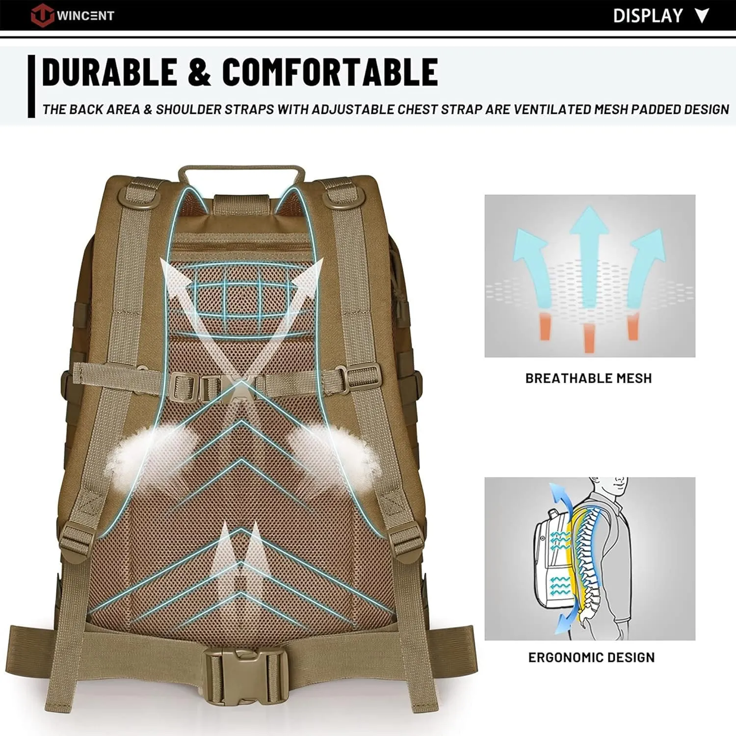 WINCENT Multi Function Military Tactical Assault Backpack with Double Stitching, Braided Handle, and Laser Cut Mole Webbing for Gear Attachment, Tan