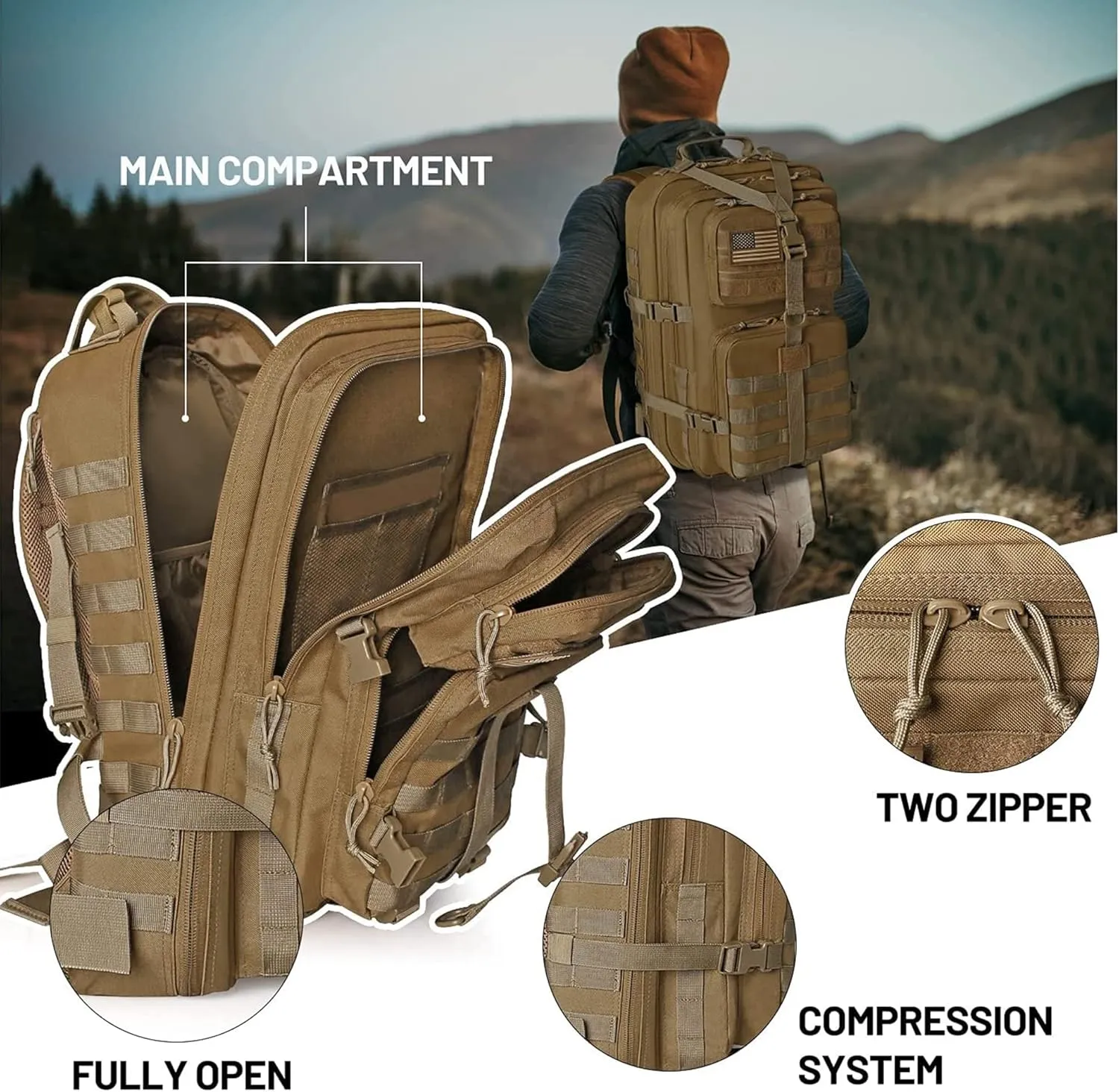 WINCENT Multi Function Military Tactical Assault Backpack with Double Stitching, Braided Handle, and Laser Cut Mole Webbing for Gear Attachment, Tan