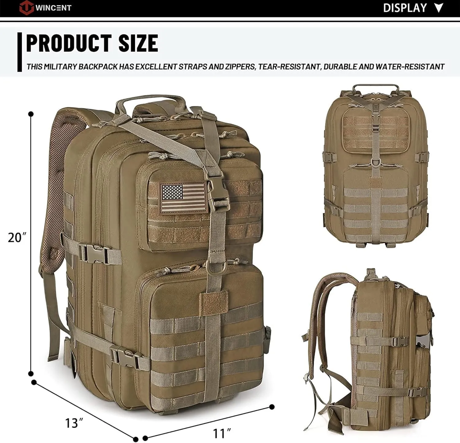 WINCENT Multi Function Military Tactical Assault Backpack with Double Stitching, Braided Handle, and Laser Cut Mole Webbing for Gear Attachment, Tan
