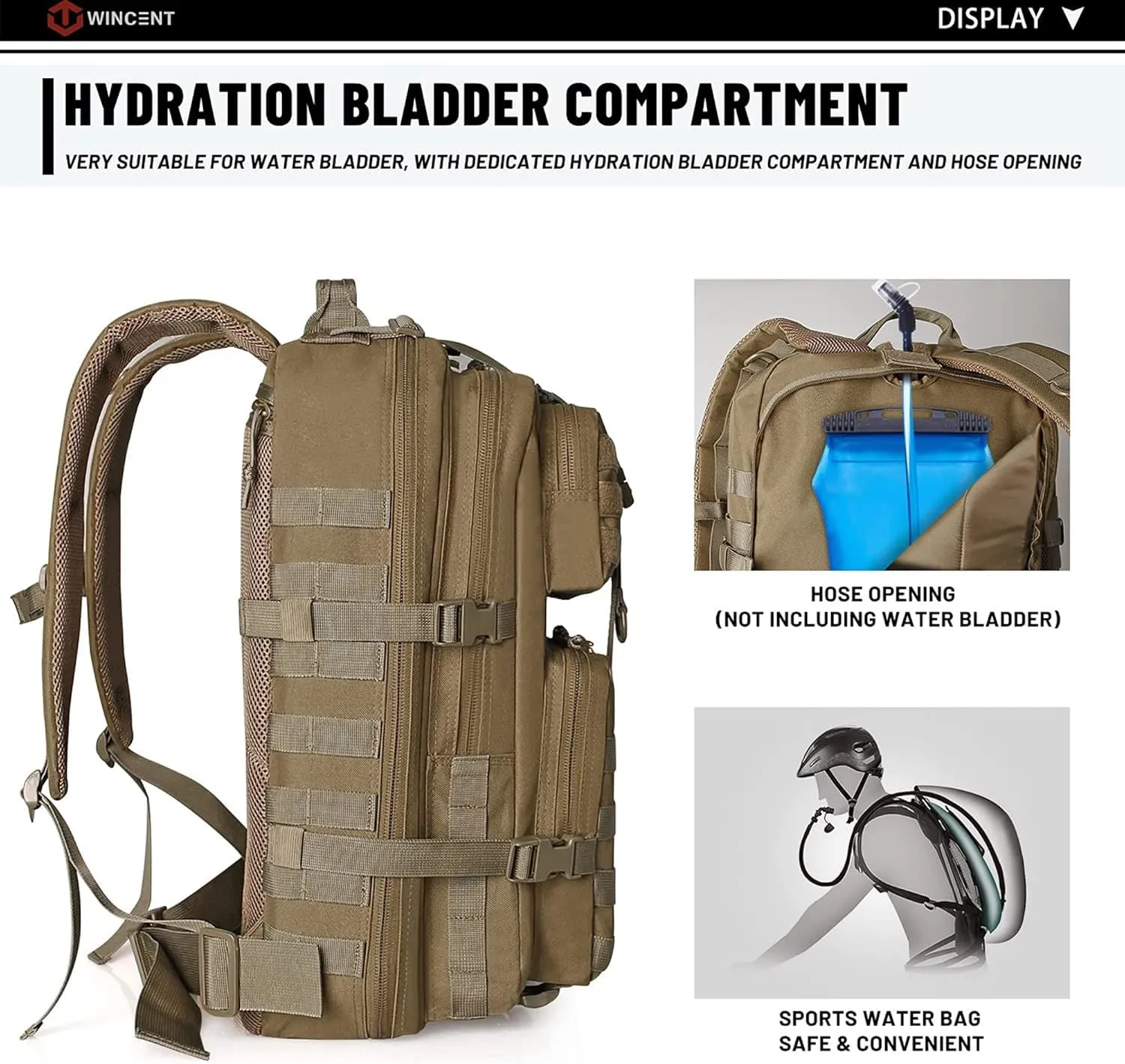 WINCENT Multi Function Military Tactical Assault Backpack with Double Stitching, Braided Handle, and Laser Cut Mole Webbing for Gear Attachment, Tan