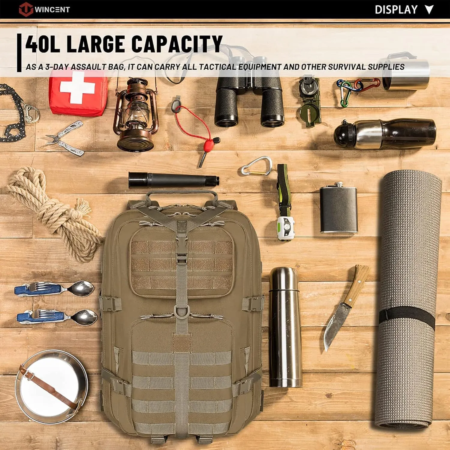 WINCENT Multi Function Military Tactical Assault Backpack with Double Stitching, Braided Handle, and Laser Cut Mole Webbing for Gear Attachment, Tan