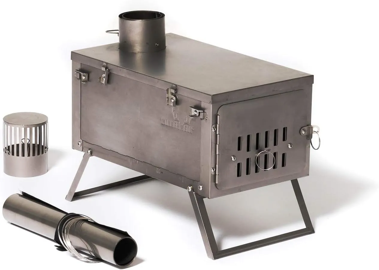 WINNERWELL Fastfold Titanium Tent Stove | Ultralight 4 Pound Titanium Wood Burning Stove for Tents and Shelters | Includes Chimney Pipe | Functions as Ultralight Firepan