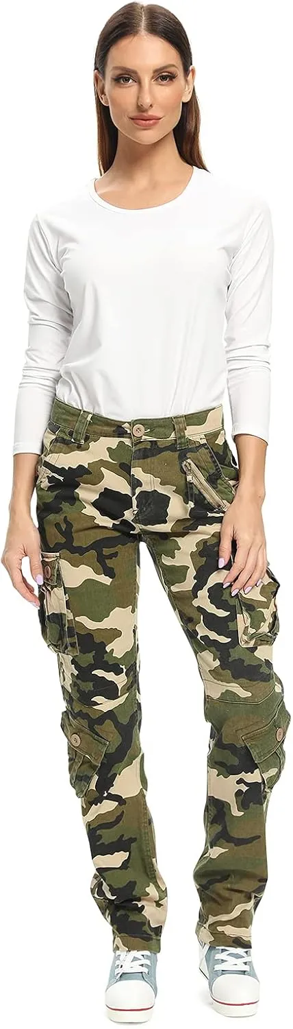 Womens Stretch Casual Cargo Work Pants Camo Combat Tactical Travel Pants with 8 Pockets