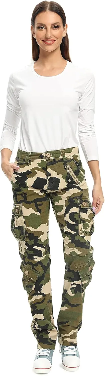 Womens Stretch Casual Cargo Work Pants Camo Combat Tactical Travel Pants with 8 Pockets