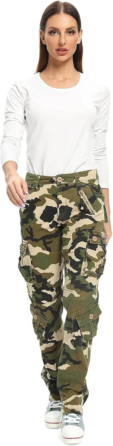 Womens Stretch Casual Cargo Work Pants Camo Combat Tactical Travel Pants with 8 Pockets