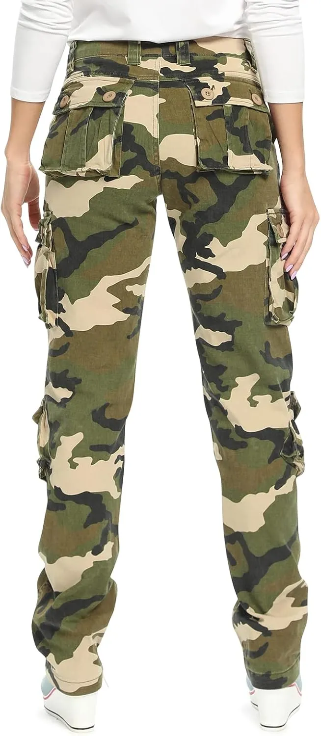 Womens Stretch Casual Cargo Work Pants Camo Combat Tactical Travel Pants with 8 Pockets