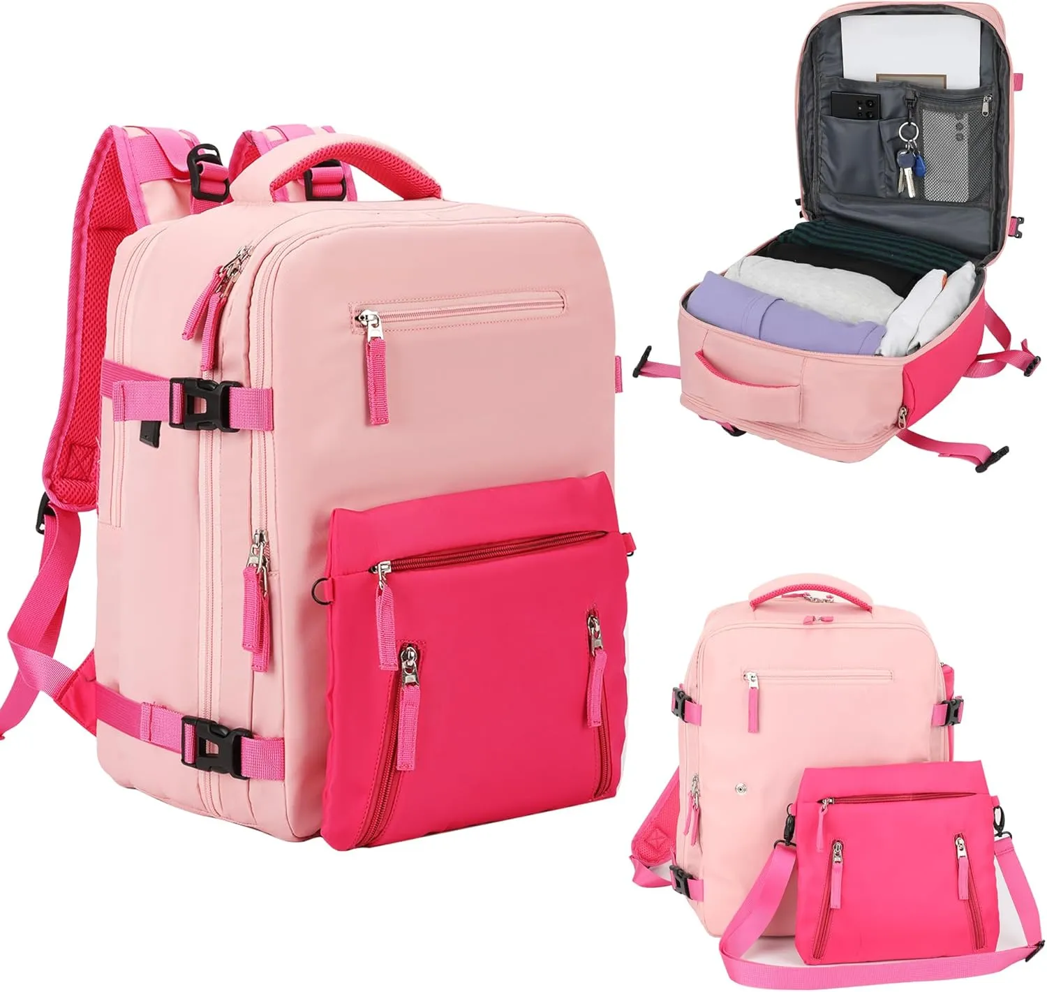 Women's Travel Backpack, Detachable Crossbody Bag Suitable For 15.6-Inch Laptop Backpack Tsa Airplane Carrying Backpack College Business Weekend Hiking Nurse Bag (Pink)