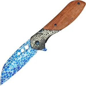 Wood Damascus Pocket Knife - Tactical Folding Knife with 3.5" Blue Patterned Steel Blade - Overall Length 8.25" - 4.75" Etched Damascus/Wood Handle - Includes Belt Clip