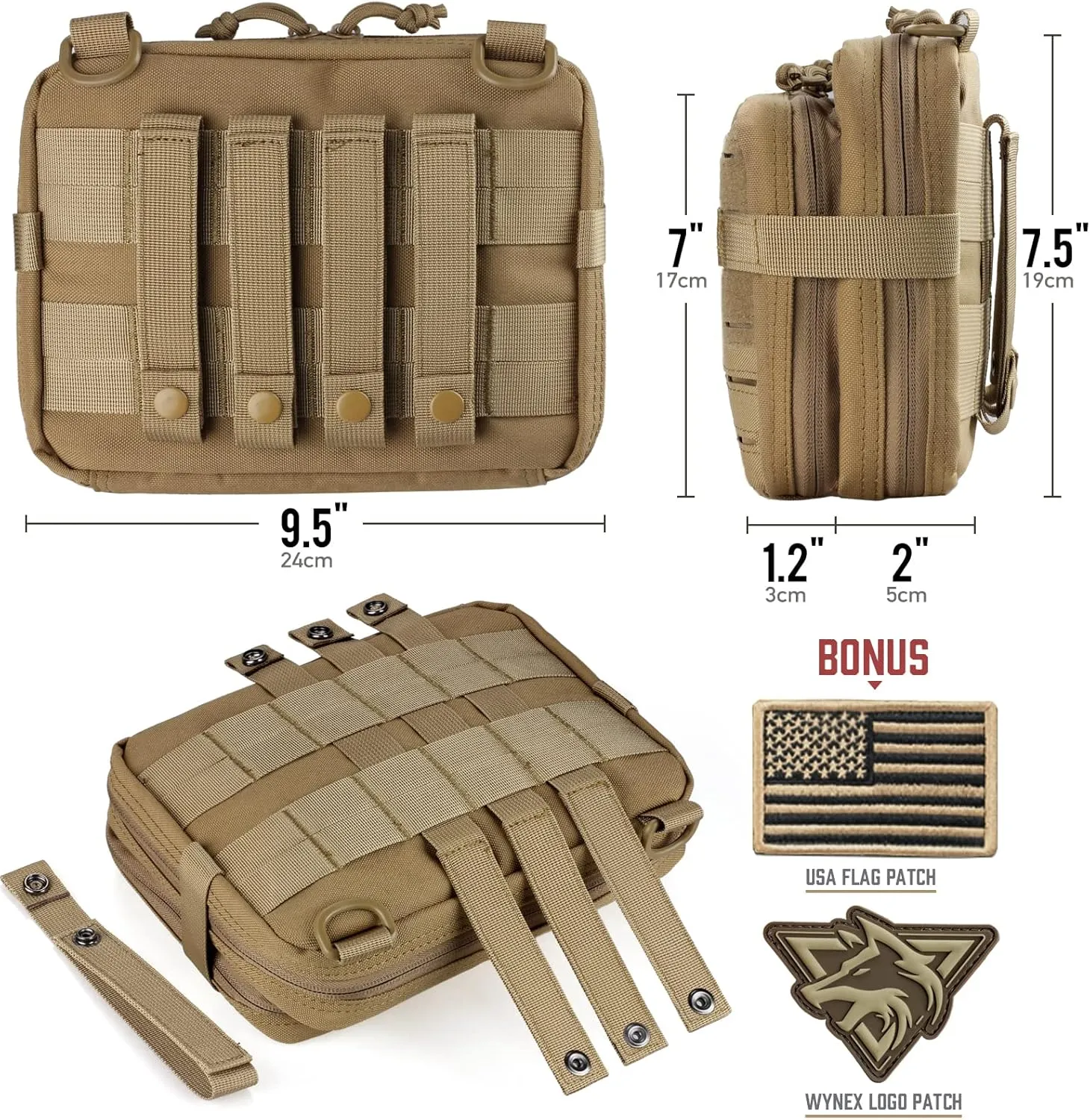 WYNEX Tactical Molle Admin Pouch of Laser Cut Design, Utility Pouches Molle Attachment Military Medical EMT Organizer with Map Pocket EDC EMT Pack IFAK Tool Holder Universal U.S.A Patch Included