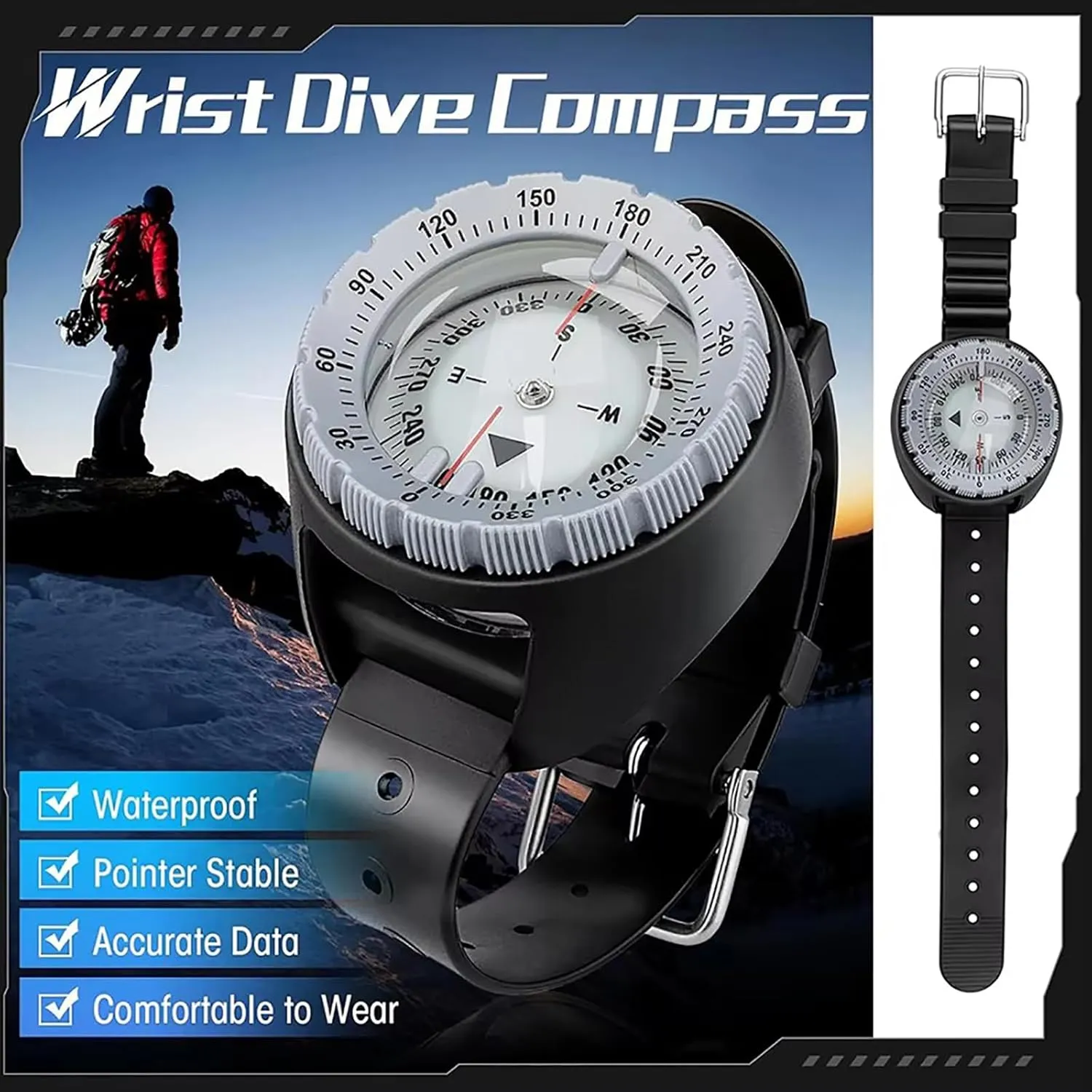 WYYHAA Scuba Diving Compass, 164FT Waterproof Professional Dive Wrist Compass with TPU Band, Luminous for Scuba, Camping, Kayaking and Outdoor Sports