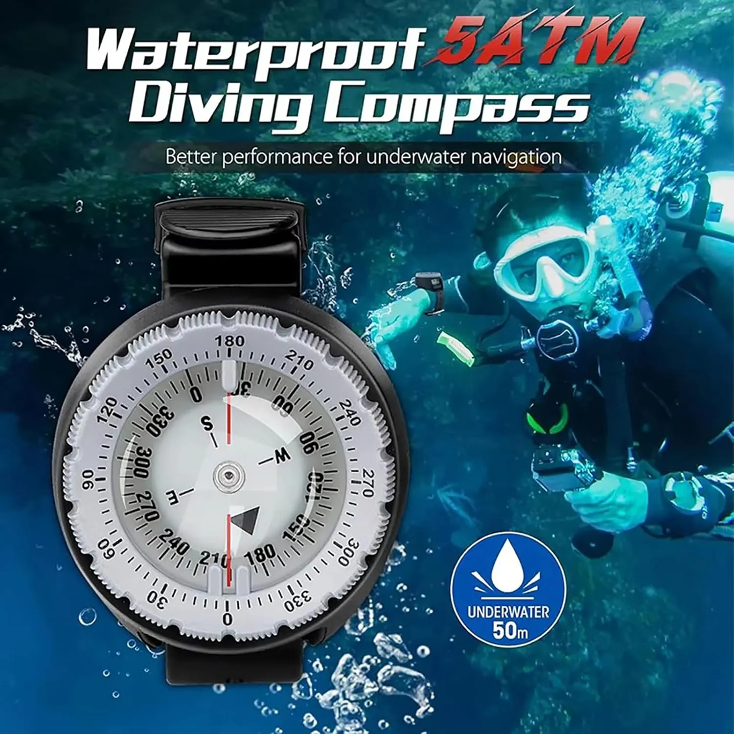 WYYHAA Scuba Diving Compass, 164FT Waterproof Professional Dive Wrist Compass with TPU Band, Luminous for Scuba, Camping, Kayaking and Outdoor Sports