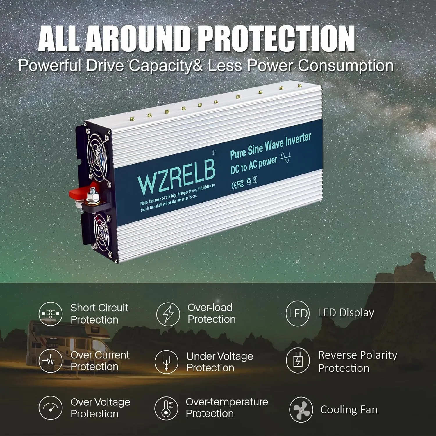 WZRELB 4000W Pure Sine Wave Inverter 48V DC to 110V 120V AC Power Converter with LED Display, Hardwire Terminal,Off-Grid Portable Power Inverter with Dual AC Outlets for Home, RV, Truck, Camping