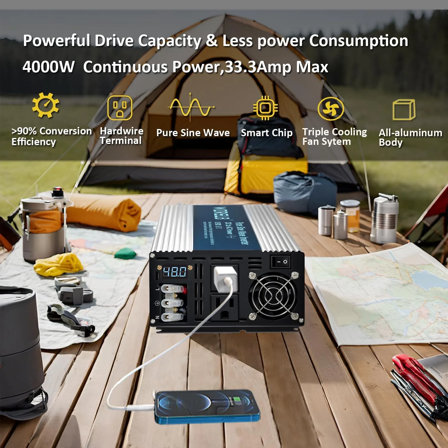 WZRELB 4000W Pure Sine Wave Inverter 48V DC to 110V 120V AC Power Converter with LED Display, Hardwire Terminal,Off-Grid Portable Power Inverter with Dual AC Outlets for Home, RV, Truck, Camping