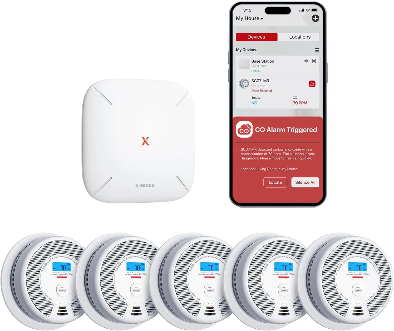 X-Sense Smart Smoke Detector Carbon Monoxide Detector Combo, Battery-Operated (Not AC Hardwired) Interconnected Combination Smoke Carbon Monoxide Detector, 5 Detectors with 1 Base Station, SC07-MR51