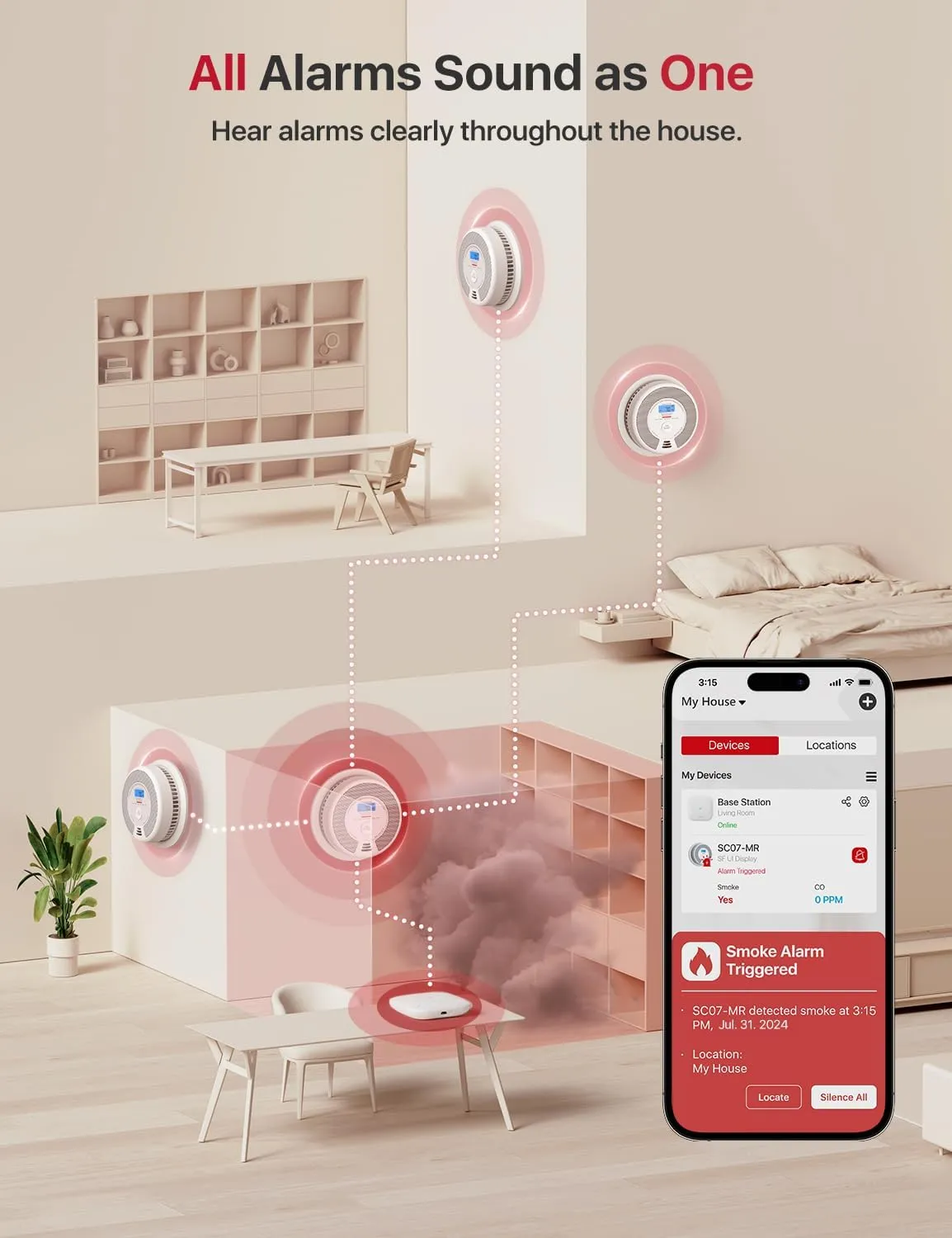 X-Sense Smart Smoke Detector Carbon Monoxide Detector Combo, Battery-Operated (Not AC Hardwired) Interconnected Combination Smoke Carbon Monoxide Detector, 5 Detectors with 1 Base Station, SC07-MR51