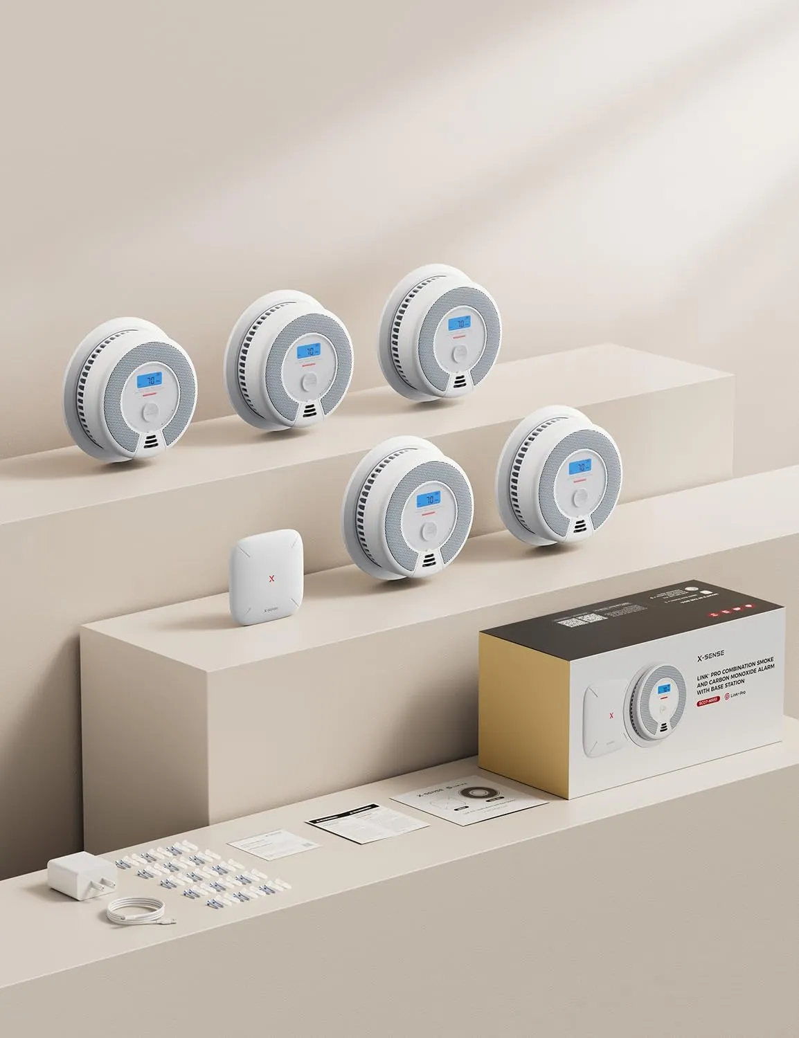 X-Sense Smart Smoke Detector Carbon Monoxide Detector Combo, Battery-Operated (Not AC Hardwired) Interconnected Combination Smoke Carbon Monoxide Detector, 5 Detectors with 1 Base Station, SC07-MR51